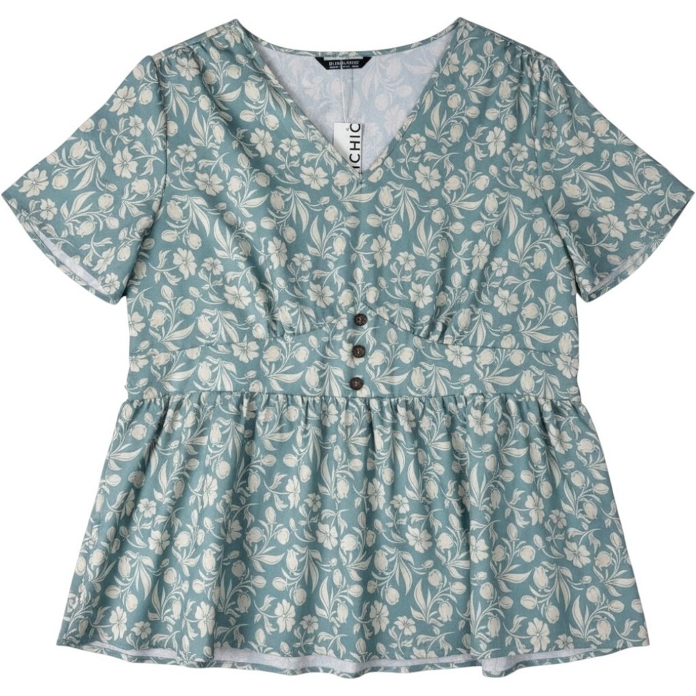 NWT Bloomchic Green Floral Peplum Blouse 18/20 2X Babydoll Cottagecore Tunic Top